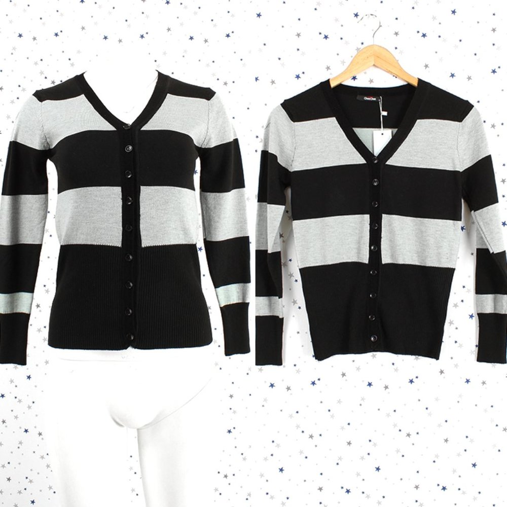 Striped V-neck Button Up Cardigan Black Grey